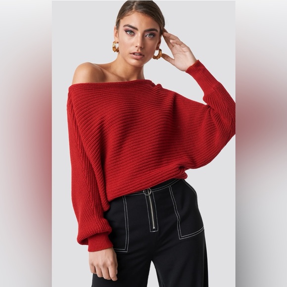 NWT NA-KD Off Shoulder Red Sweater - Picture 1 of 6
